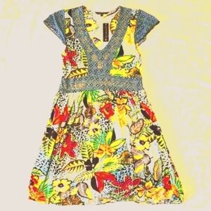 New Chaudry Blue and Green Sundress with Flutter Sleeves Size Small